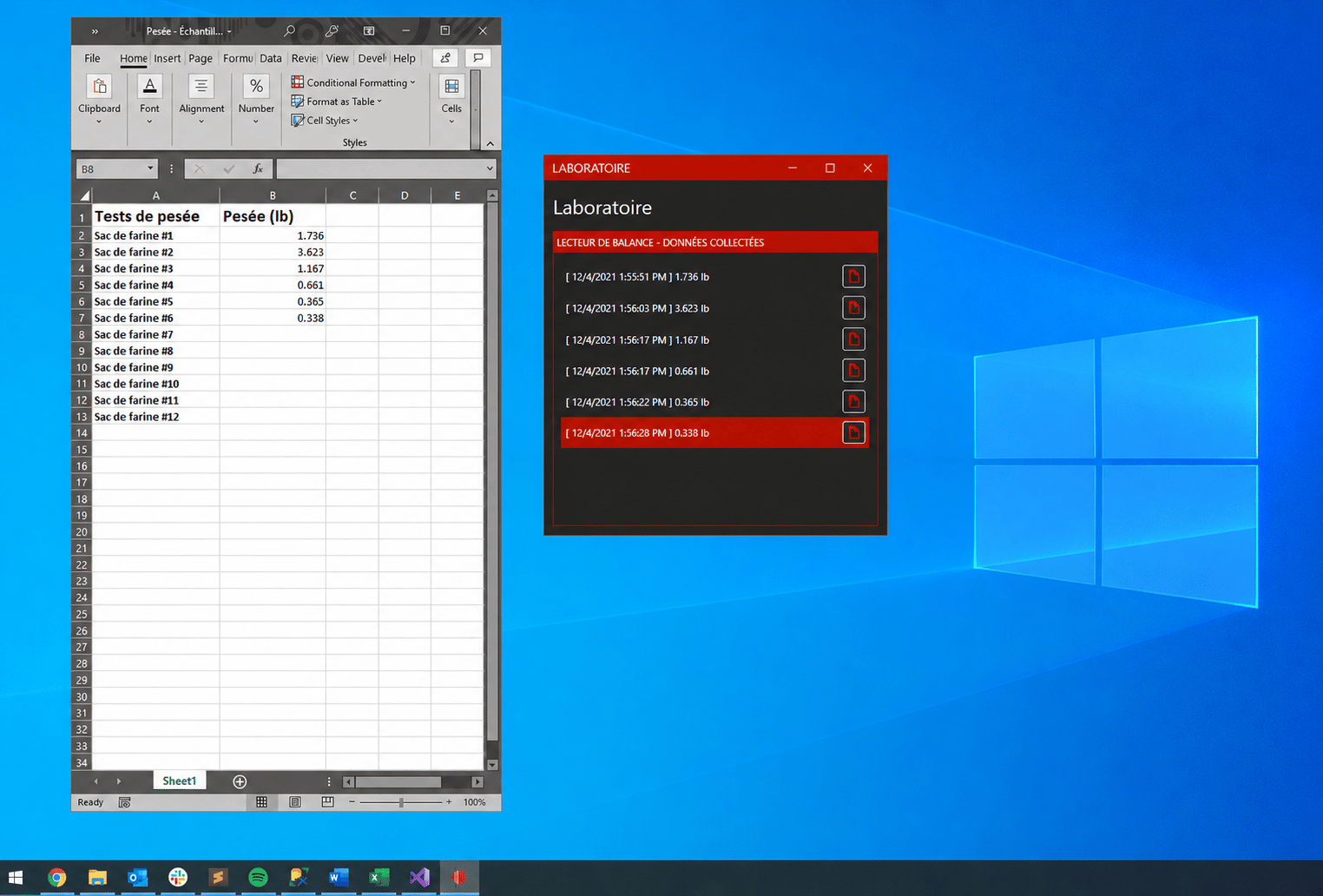 Logiciel Windows connecté à une balance industrielle